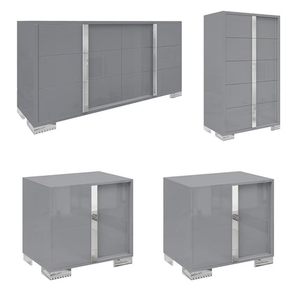 4 Piece Bedroom Dresser Set, Modern High Gloss UV Finish, 2 Nightstands, Chest of 5 Drawers & 6-Drawer Dresser, Electroplated Metal Handles, Bedroom Furniture Set, Grey