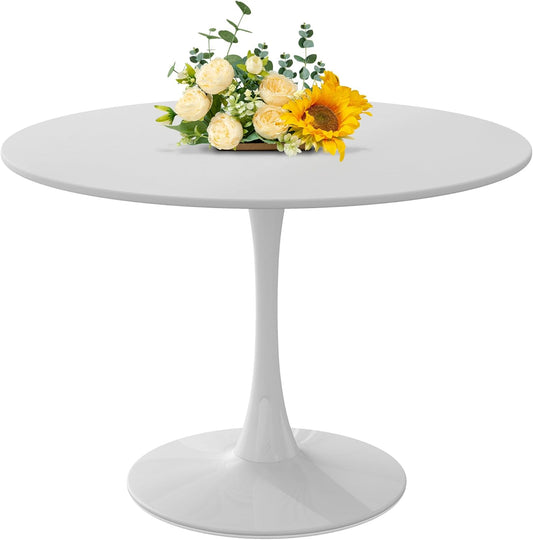 42 Inch round Dining Table,Mid-Century Tulip Table with Metal Pedestal Base,Modern Leisure Table for Small Space Kitchen Dining Room,Easy Assembly,White