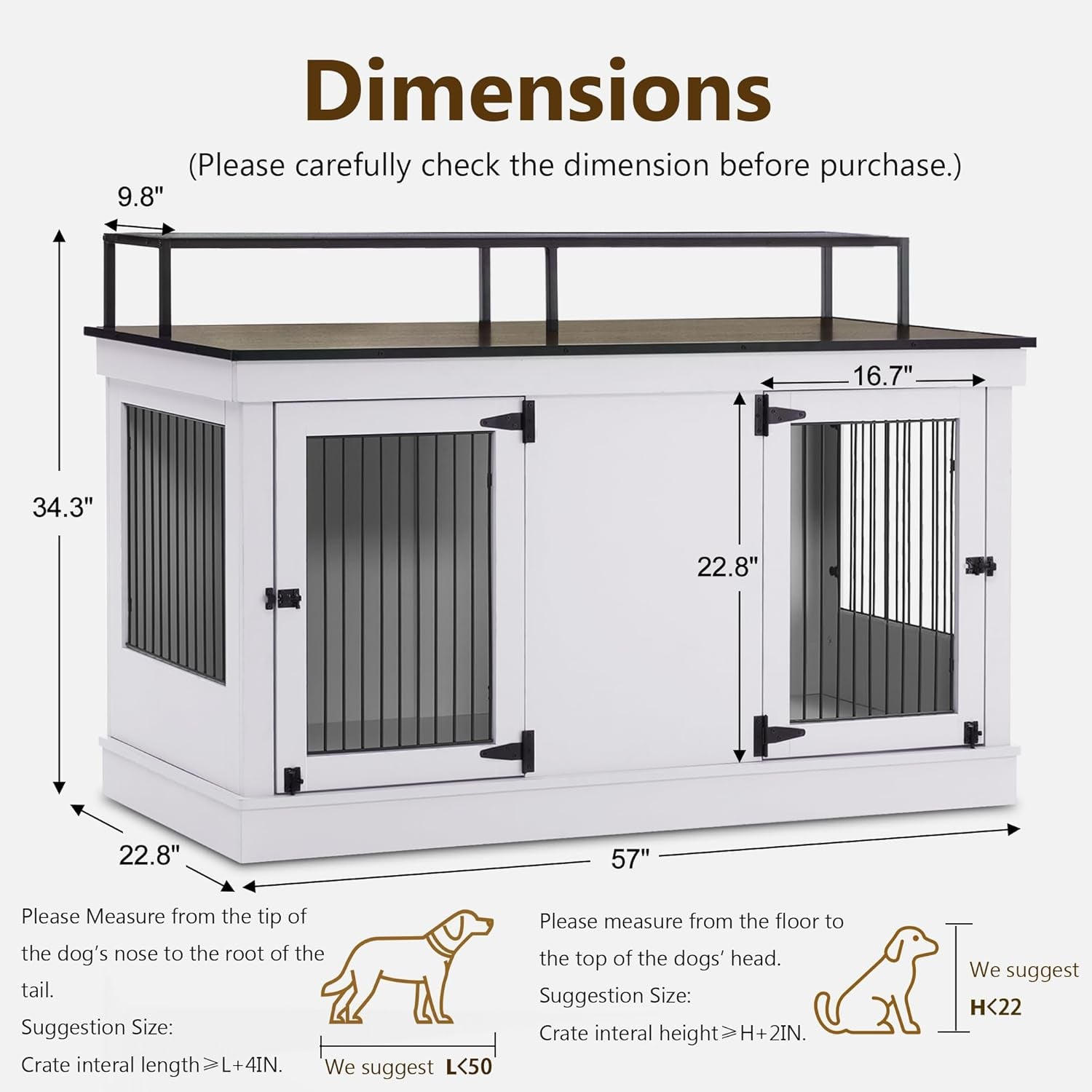 Large Dog Crate Furniture TV Stand, Wooden Pet Kennel with Double Doors, Indoor Furniture Style Dog House End Table, 1861 (Light Grey)