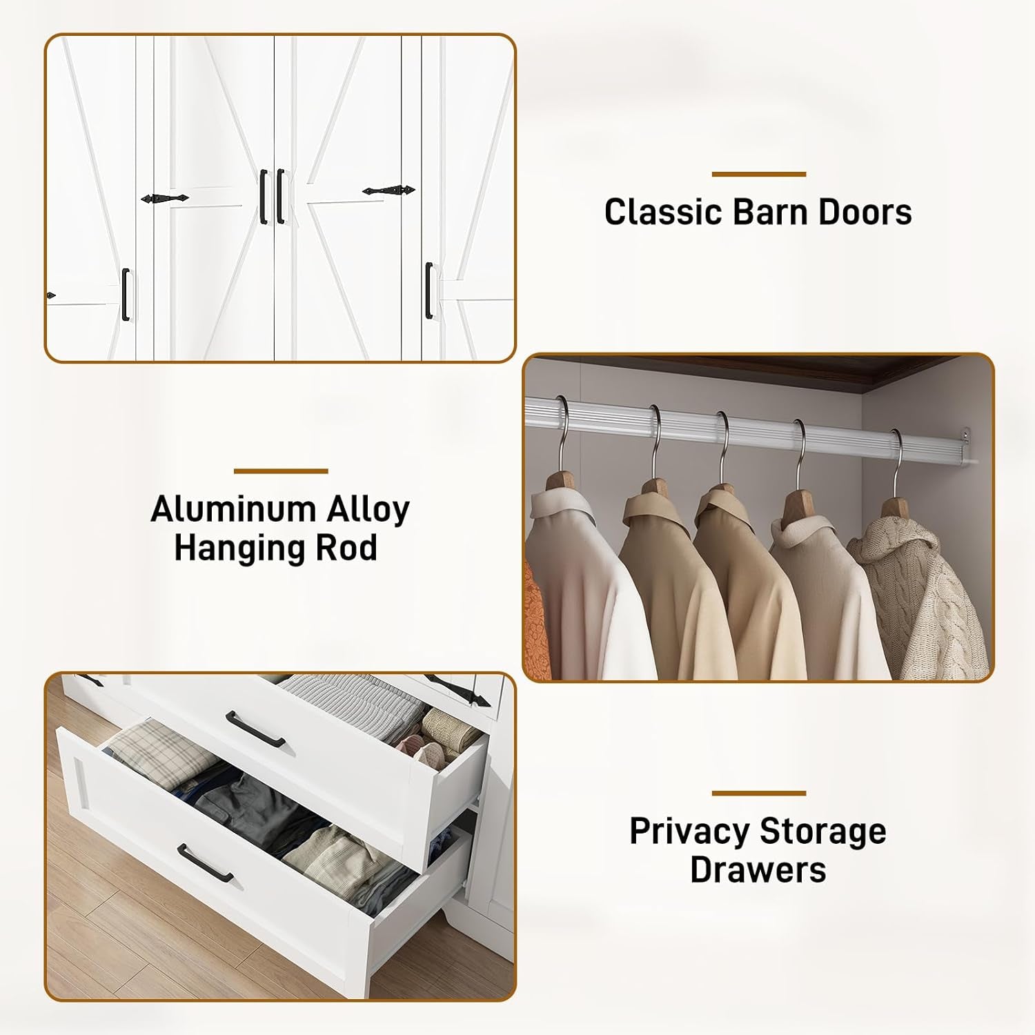 4 Doors Wardrobe Armoire Closet with Doors and Drawers, Farmhouse Wooden Armoire Storage Cabinet with Shelves & Hanging Rod for Bedroom, White