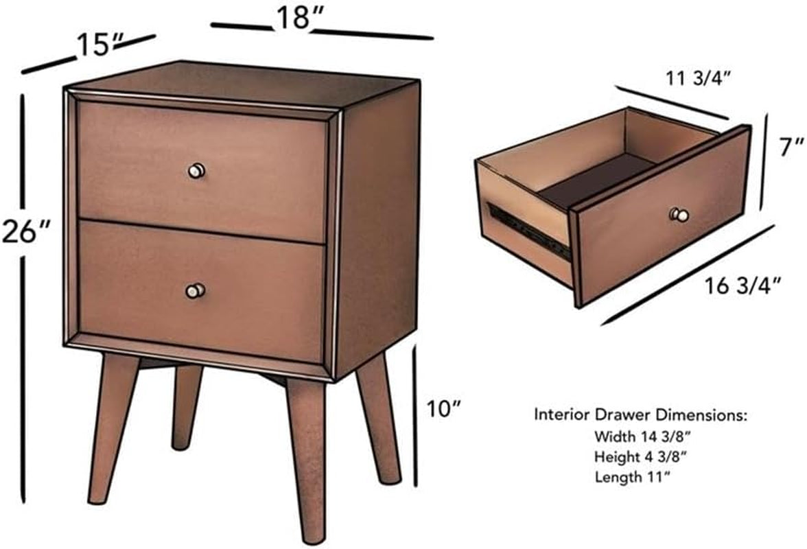 Flynn Mid Century Modern Mahogany Fully Assembled Bedroom Side Nightstand with 2 Bedside Storage Drawers, Chestnut