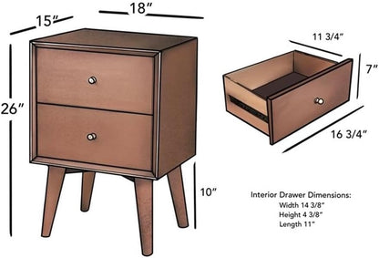 Flynn Mid Century Modern Mahogany Fully Assembled Bedroom Side Nightstand with 2 Bedside Storage Drawers, Chestnut