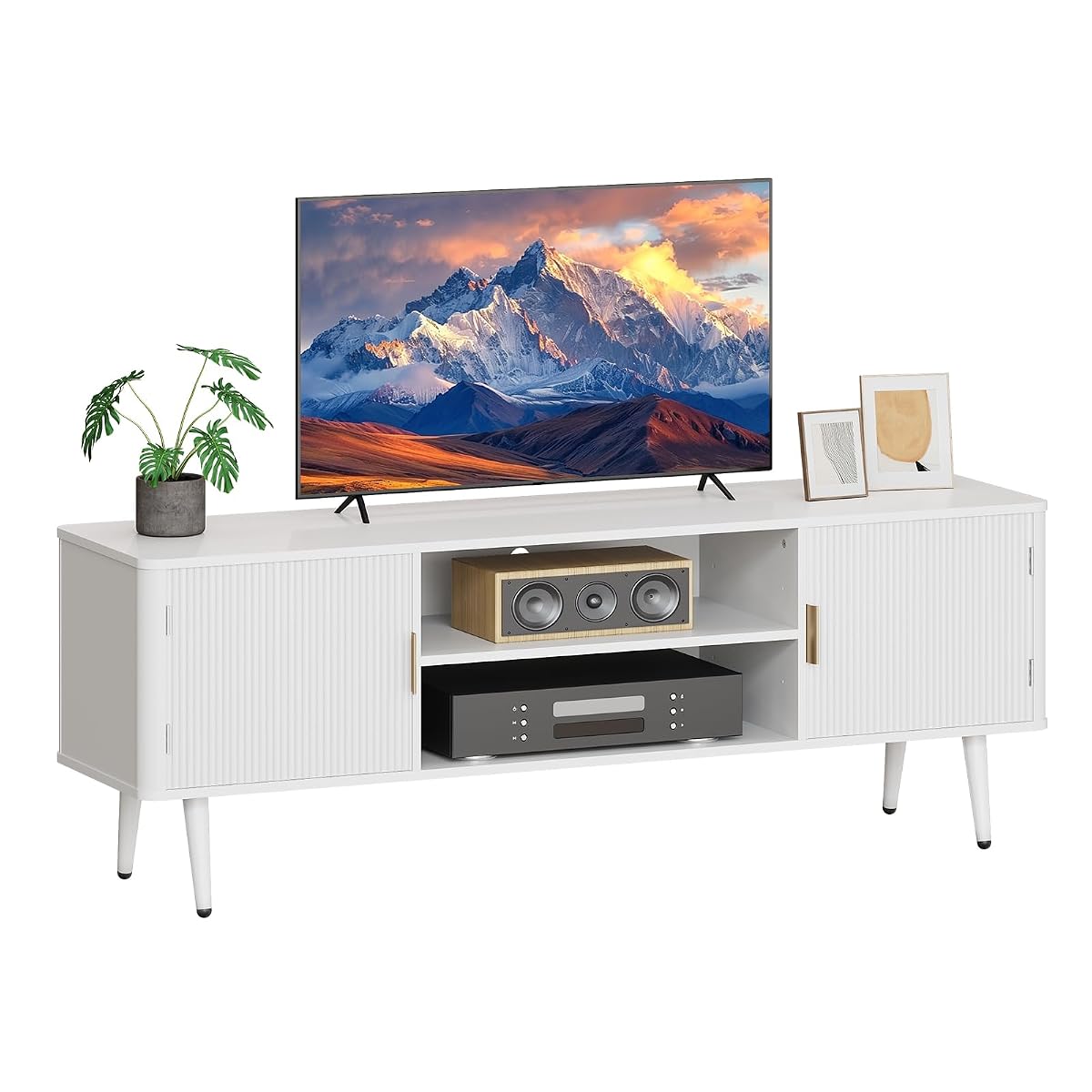 TV Stand for TVs up to 60'', TV Console with Fluted Door Cabinets