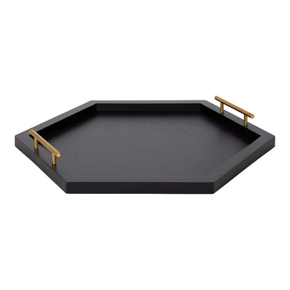 Halsey Hexagon Decorative Wooden Tray with Polished Metal Handles; 22 x 19; Black and Gold; Modern Glam Wood Hexagon Serving Tray for Display or Decoration