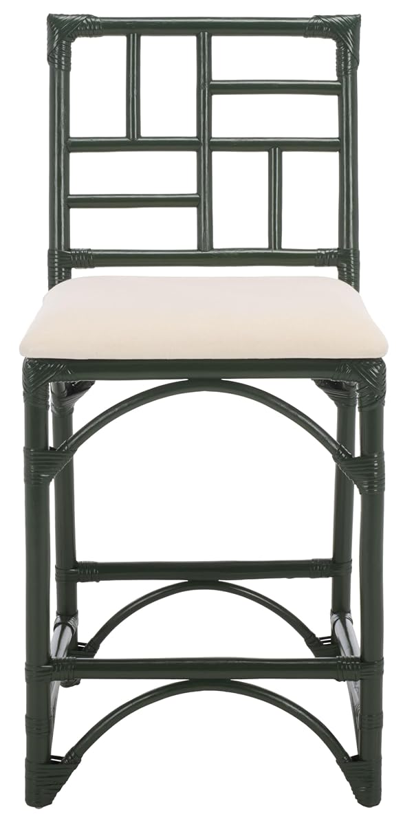SAFAVIEH Furniture - Christine 23.6" Seat Height Counter Stool - White & Forest Green - Handwoven Rattan Design - Fully Assembled - Ideal for Kitchen, Dining Room & Kitchen Island (BST6509E)