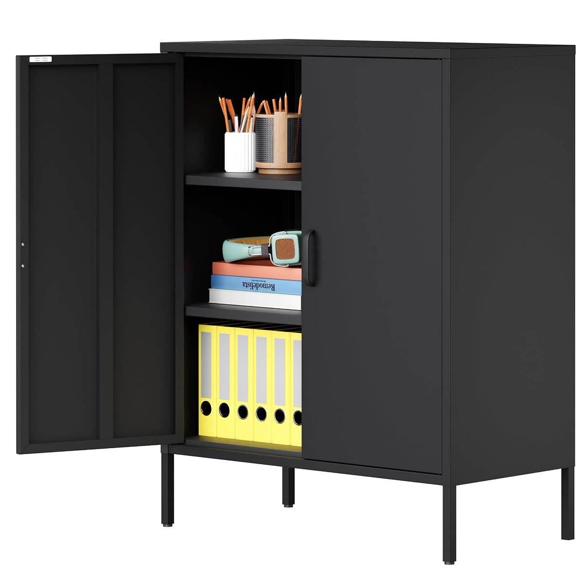 2 Door Metal Storage Cabinet with 2 Shelves, 3 Tier Garage Storage Locker Cabinet for Home, Entryway, Hallway and Office, Assembly Required, Black, (LC-CSG)