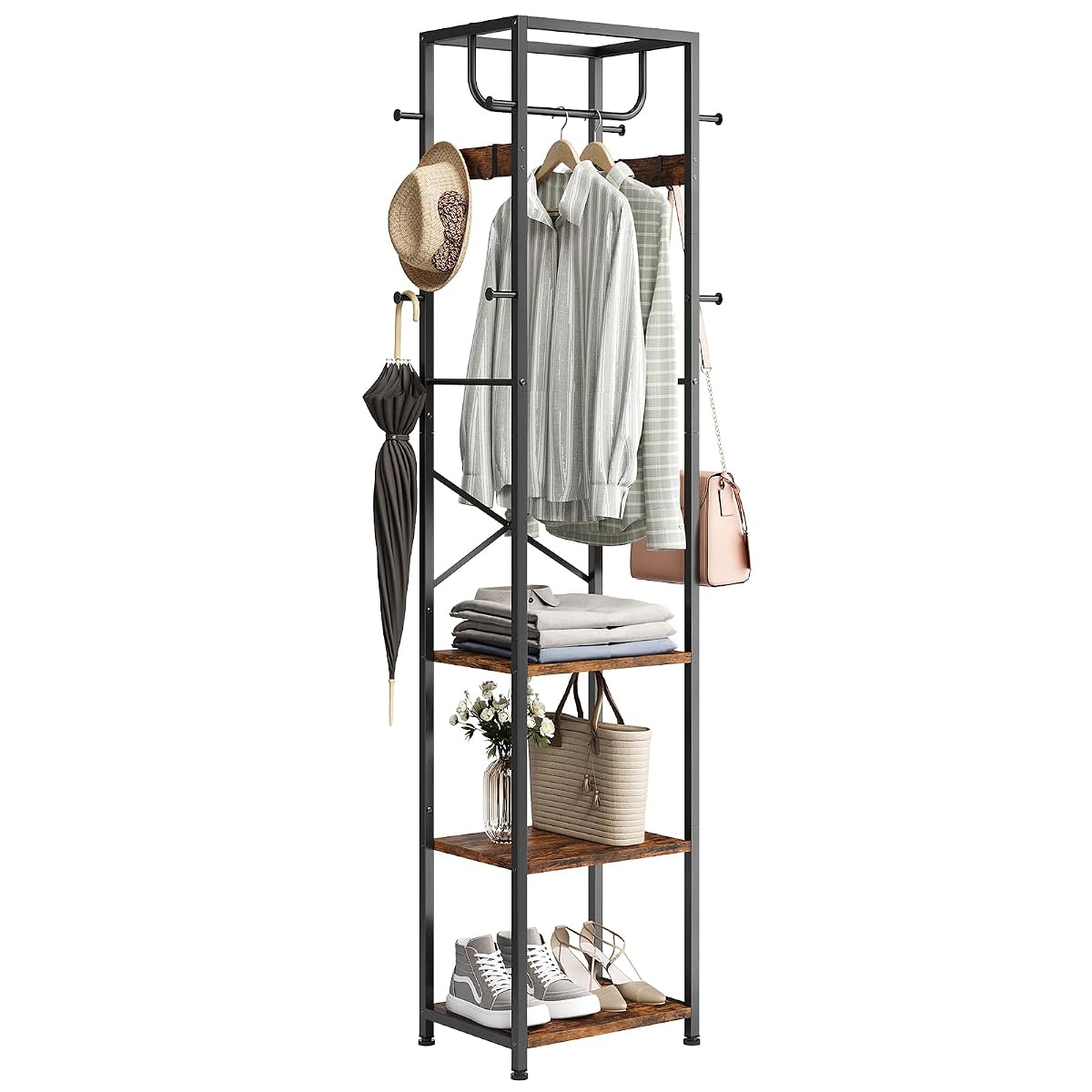 Coat Rack Freestanding, Hall Tree with 3 Shelves and 12 Hooks, Rustic Brown