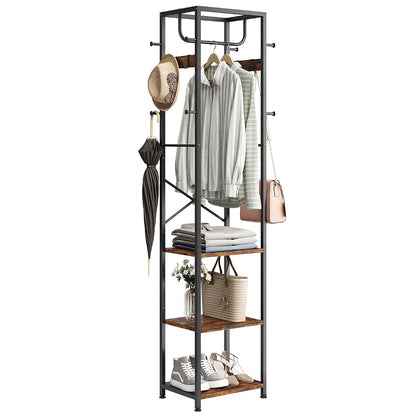Coat Rack Freestanding, Hall Tree with 3 Shelves and 12 Hooks, Rustic Brown