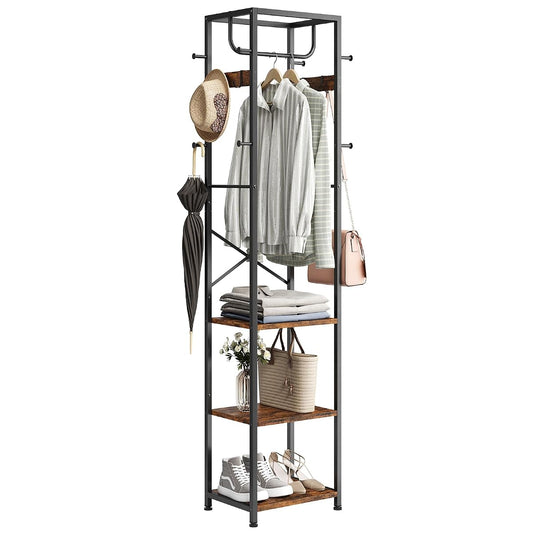 Coat Rack Freestanding, Hall Tree with 3 Shelves and 12 Hooks, Rustic Brown