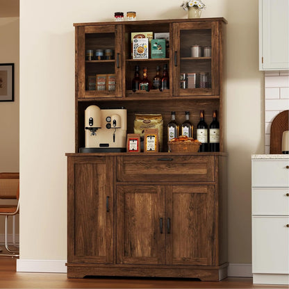 Tall Kitchen Pantry Storage Cabinet, Modern Pantry Cabinet with Hutch and Microwave Stand, Modern Kitchen Coffee Bar Hutch with Shelves for Dining Room, Brown