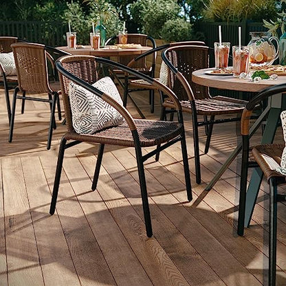 Lila Modern Rattan Indoor/Outdoor Stackable Dining Chairs, Stacking Rattan Bistro Chairs for Patio or Restaurant, Set of 4, Brown
