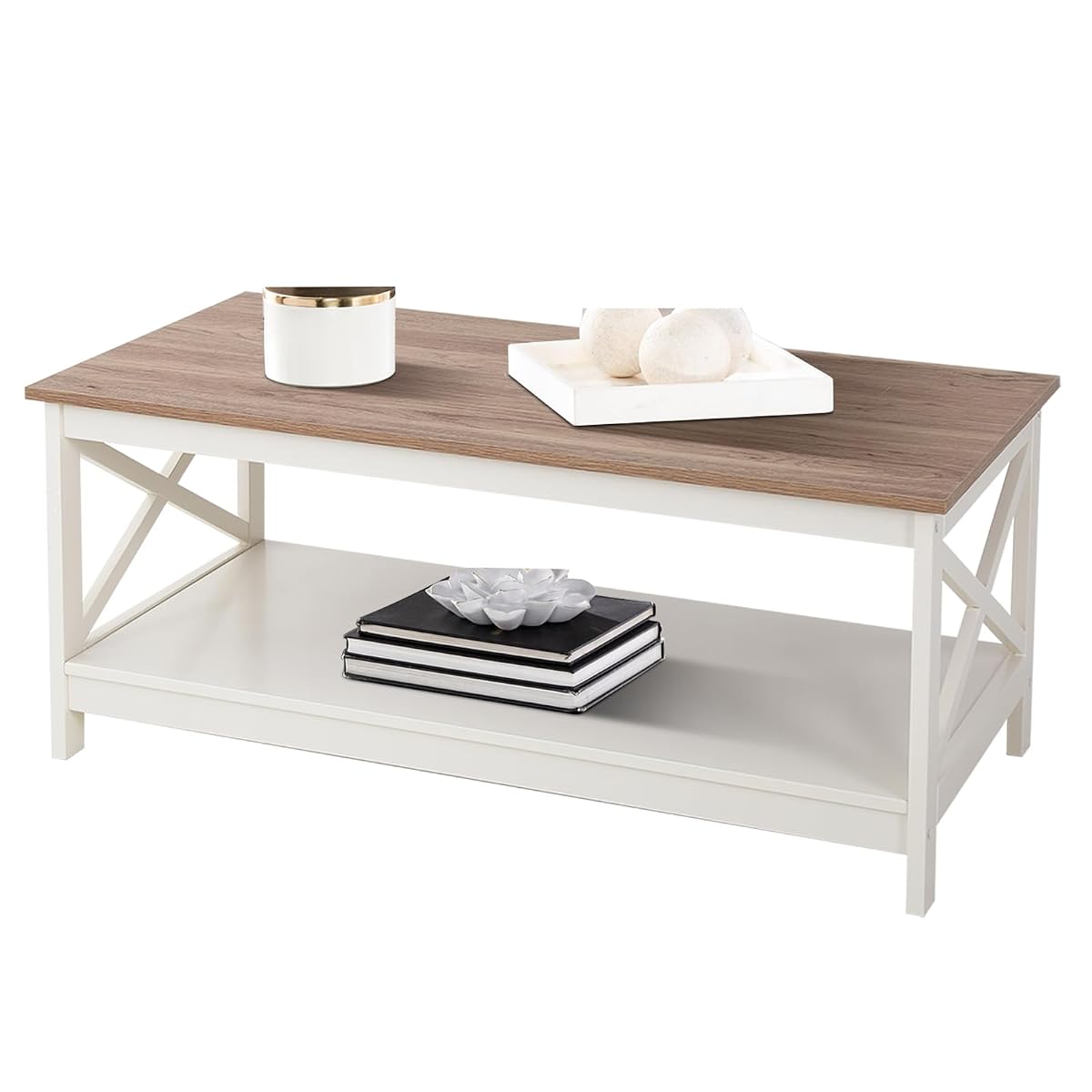 Farmhouse Coffee Table with Storage Shelf for Living Room, Ivory