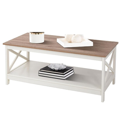 Farmhouse Coffee Table with Storage Shelf for Living Room, Ivory