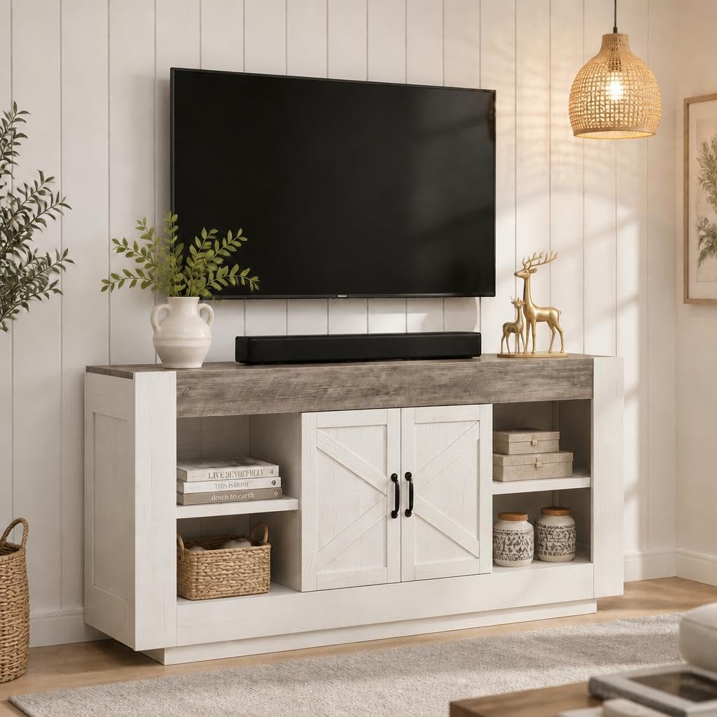 Farmhouse TV Stand for TV up to 65", Thick Block Media Console