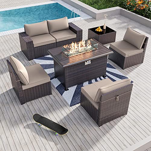 7 Pieces Outdoor Patio Furniture Set with 43" 55000BTU Gas Propane Fire Pit Table PE Wicker Rattan Sectional Sofa Patio Conversation Sets,Khaki