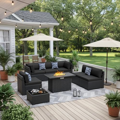 8 Piece Patio Furniture Set with 44” Fire Pit Table All-Weather Wicker Conversation Sectional Sofa & Coffee Table with Thickened Cushions for Backyard, Garden(Black)