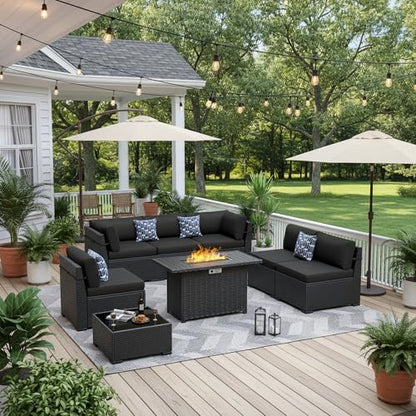 8 Piece Patio Furniture Set with 44” Fire Pit Table All-Weather Wicker Conversation Sectional Sofa & Coffee Table with Thickened Cushions for Backyard, Garden(Black)