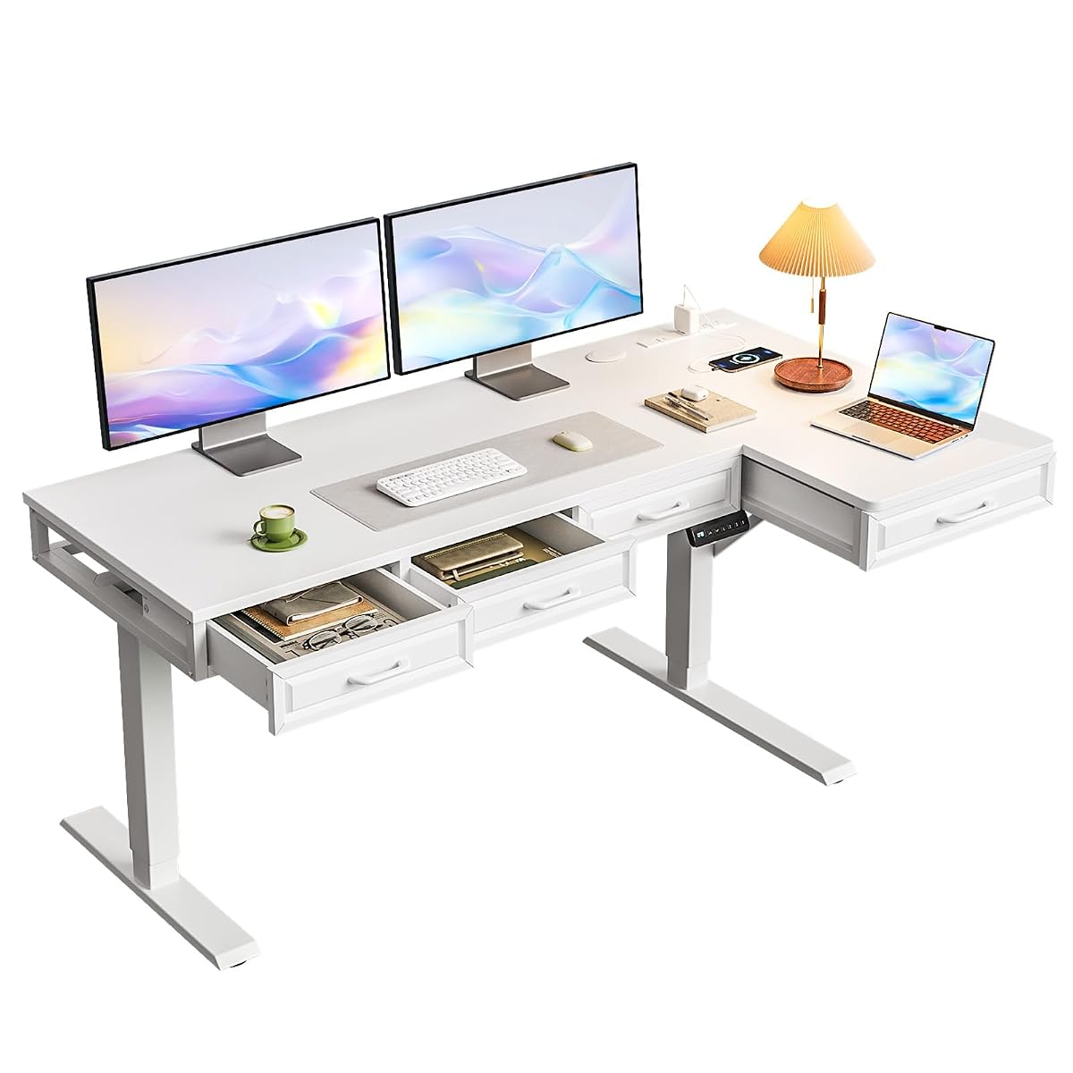 55 Inch L Shaped Standing Desk with 4 Wooden Drawers, White