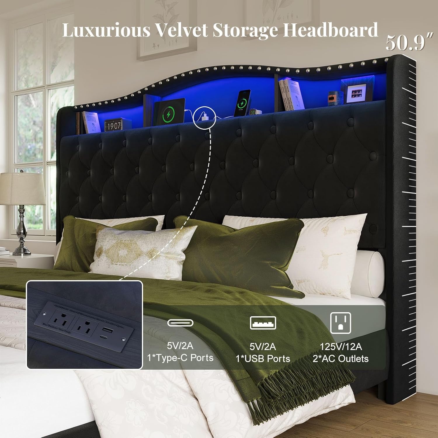King Size Bed Frame and Headboard, 50.9" Velvet Upholstered Wingback Bedframe with LED Lights & Storage/Charging Station, Button Tufted Tall Footboard, No Box Spring Needed, Noise-Free, Black