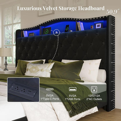 King Size Bed Frame and Headboard, 50.9" Velvet Upholstered Wingback Bedframe with LED Lights & Storage/Charging Station, Button Tufted Tall Footboard, No Box Spring Needed, Noise-Free, Black