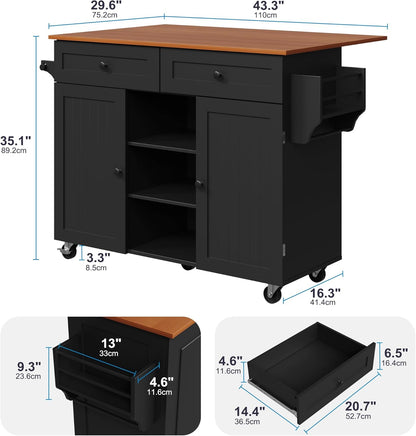 Kitchen Island on Wheels, Rolling Kitchen Island Cart with Drop Leaf and 2 Drawers, Mobile Kitchen Table Storage Cabinet with Tower Rack and Spice Rack for Dining Room, Kitchen, Black