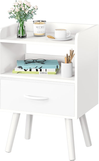 Modern Nightstand with Drawer, Bedside Tables, Mid Century Nightstands with Open Storage Shelf, Wood Bedside Table, Small Night Stands for Bedrooms, 2-Tier Night Table
