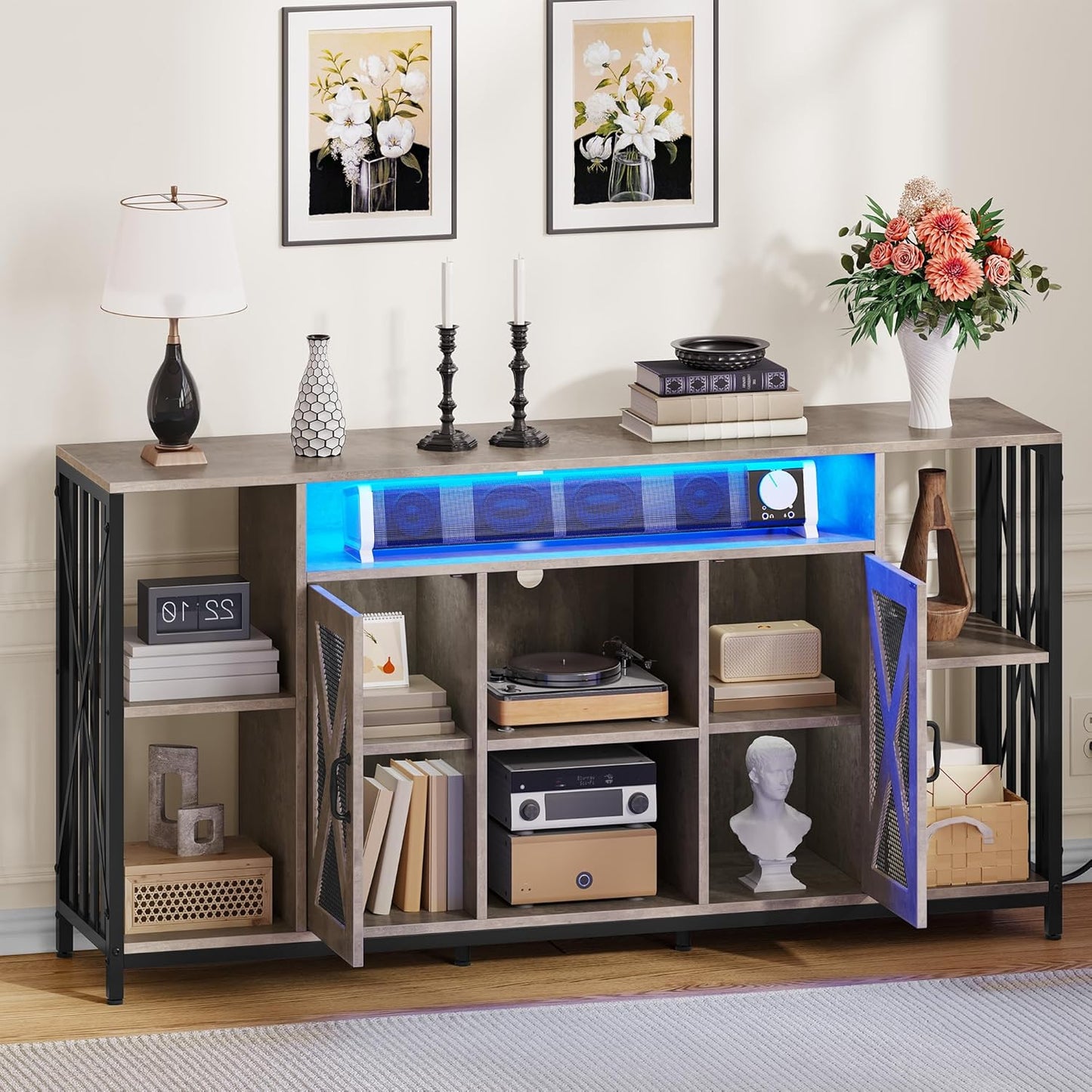 TV Stand for 70/65 Inch TV, 33.5'' Tall TV Stands for Living Room, Entertainment Center with Storage, LED TV Stand with Power Outlets, TV Media Console Cabinet, Grey