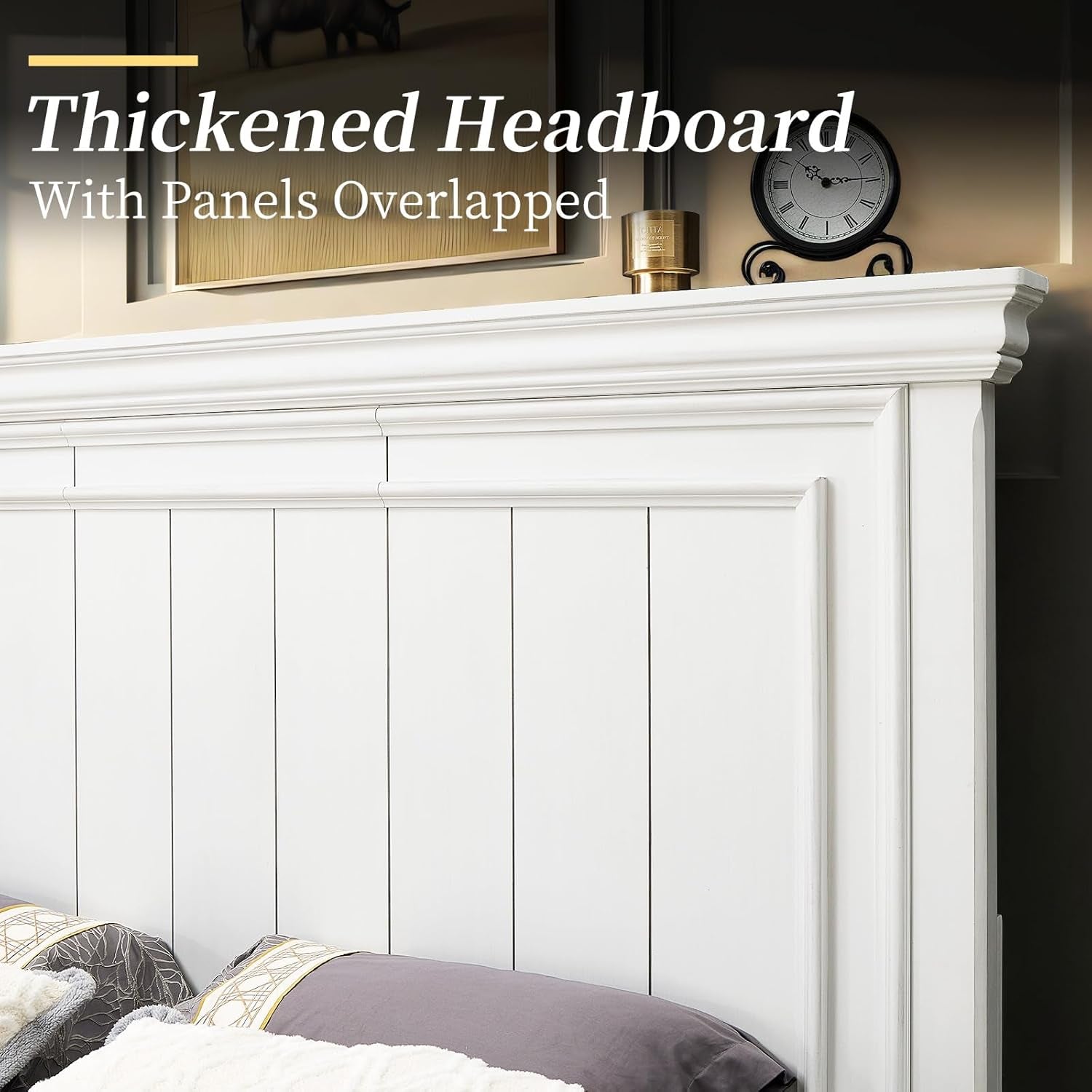 King Size Solid Wood Bed Frame with Headboard and Footboard, Noiseless Farmhouse Platform Bed, No Box Spring Needed, Rustic Bed Base with 12 Wood Slats Support, Distressed