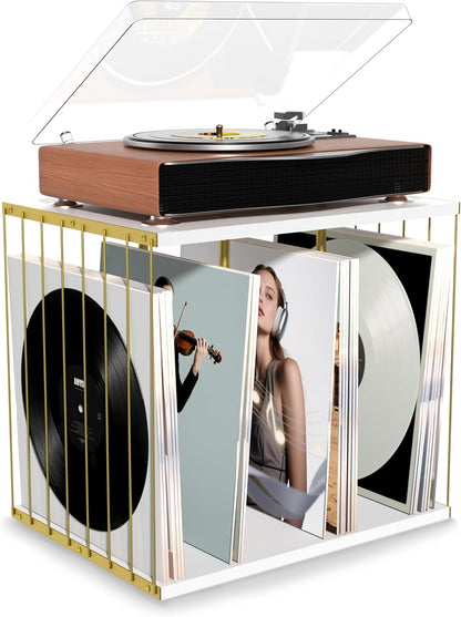 Vinyl Record Storage, Metal & Wooden Vinyl Record Holder up to 80 Album, 3-Compartment Record Player Stand for Magazine, Book, Files, Albums (White)