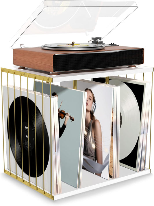 Vinyl Record Storage, Metal & Wooden Vinyl Record Holder up to 80 Album, 3-Compartment Record Player Stand for Magazine, Book, Files, Albums (White)