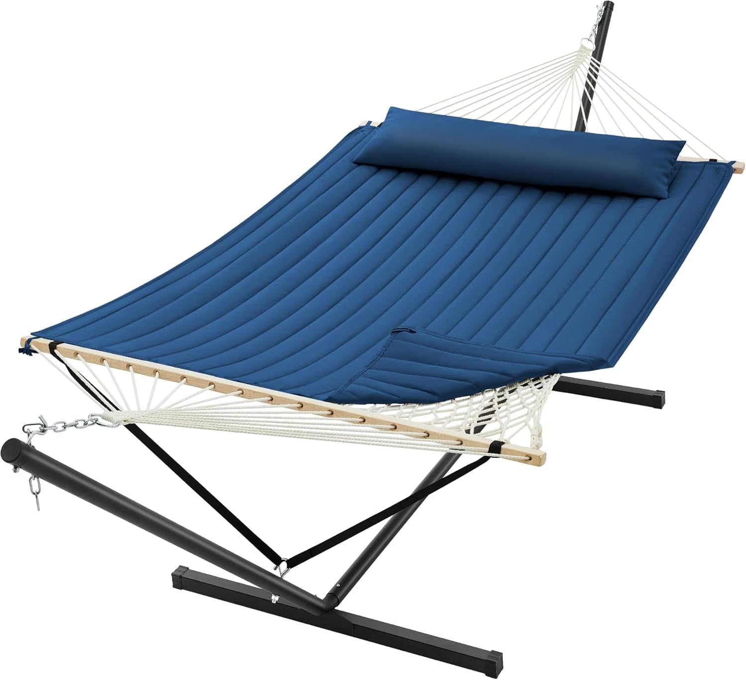 12Ft Double Hammock with Stand, Rope Hammock for 2 Person, Detachable Hammock Bed and Pillow, Portable, Anti-Tip Safety Ropes, Carry Bag, Outdoor Backyard Patio Camping, Navy Blue