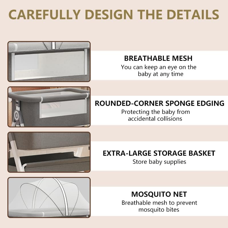 Baby Bassinet,3 in 1 Baby Bassinets Bedside Sleeper with Wheels and Mosquito Net,Bedside Bassinet for Baby with Comfy Mattress, Mattress&Breathable Mesh,Storage Basket
