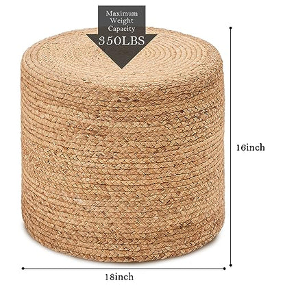18'' Ottoman Pouf, Natural Braided Poof, Rustic Handweave Lounge Pouffe, Boho Footrest Stool for Bedroom, Accent Table or Seat for Living Room (Natural-LD)