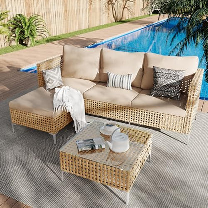 Small Outdoor Patio Furniture Set L-Shaped - Weather Resistant Wicker Sectional Chaise Sofa with Thick Cushions & Tempered Glass Coffee Table for Small Spaces, Balcony, Apartment