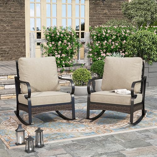 Beige high back metal patio rocking chairs with cushions, set of two, view 2