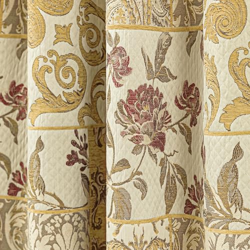 Damask Patchwork Curtains for Bedroom, Beige Yellow Lined Jacquard Curtains 2 Panels with Tiebacks, Window Curtain for Living Room Banquet Halloween Decor, Rod Pocket(52”x 84”, 2 Panels)