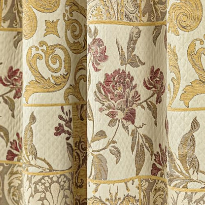Damask Patchwork Curtains for Bedroom, Beige Yellow Lined Jacquard Curtains 2 Panels with Tiebacks, Window Curtain for Living Room Banquet Halloween Decor, Rod Pocket(52”x 84”, 2 Panels)