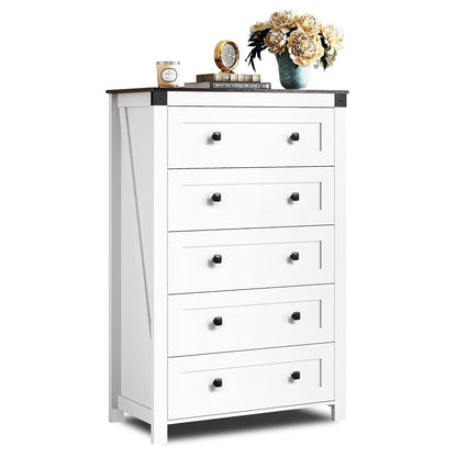 5-Drawer 31.50"W Farmhouse TV Stand with Rustic Handles, White