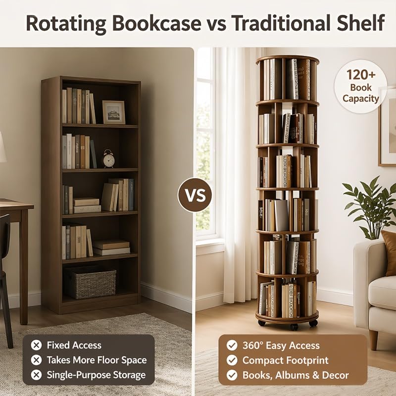 6Tier Solid Wood 360° Rotating Bookshelf Tower Round Revolving Book Shelf, view 5