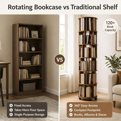 6Tier Solid Wood 360° Rotating Bookshelf Tower Round Revolving Book Shelf, view 5