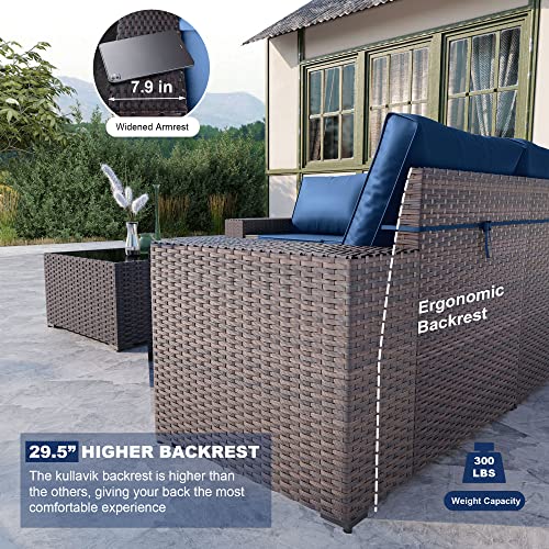 Outdoor Patio Furniture Set,12 Pieces Sectional Rattan Sofa Set Brown PE Rattan Wicker Patio Conversation Set with 10 Seat Cushions and 2 Tempered Glass Coffee Table,Navy Blue