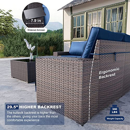 Outdoor Patio Furniture Set,12 Pieces Sectional Rattan Sofa Set Brown PE Rattan Wicker Patio Conversation Set with 10 Seat Cushions and 2 Tempered Glass Coffee Table,Navy Blue