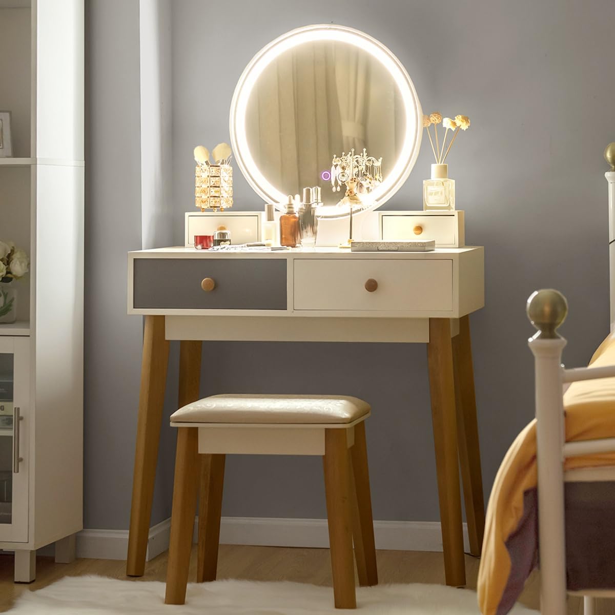 Vanity Set with Lighted Mirror, 3 Color Touch Screen Dimming Mirror, Adjustable Brightness, Bedroom Makeup Dressing Table with 4 Drawers and Cushioned Stool for Girls Women, White & Gray