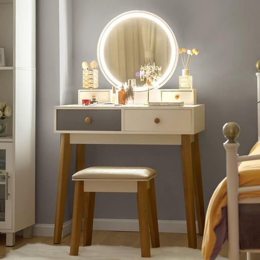 Vanity Set with Lighted Mirror, 3 Color Touch Screen Dimming Mirror, Adjustable Brightness, Bedroom Makeup Dressing Table with 4 Drawers and Cushioned Stool for Girls Women, White & Gray