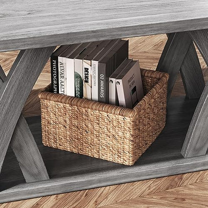 Farmhouse Coffee Table with Shelf, Wood Coffee Table for Living Room, Open Display Area, 47” Grey