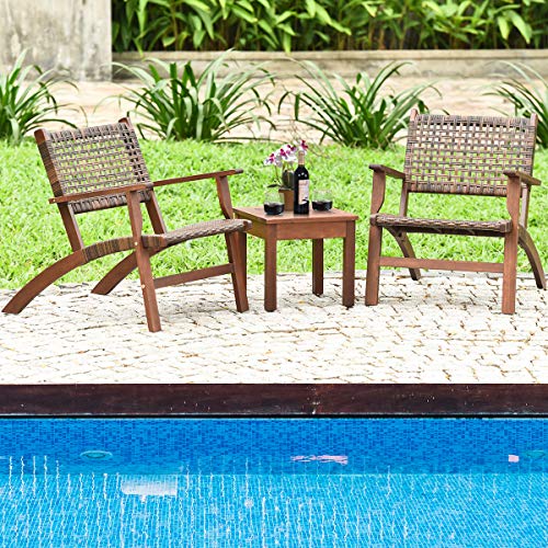 3 Pieces Patio Conversation Set, Solid Eucalyptus Wood Frame Outdoor Wicker Furniture Set Bistro Set with Coffee Table, Rattan Furniture Set for Backyard Porch Garden Poolside Balcony (Brown)