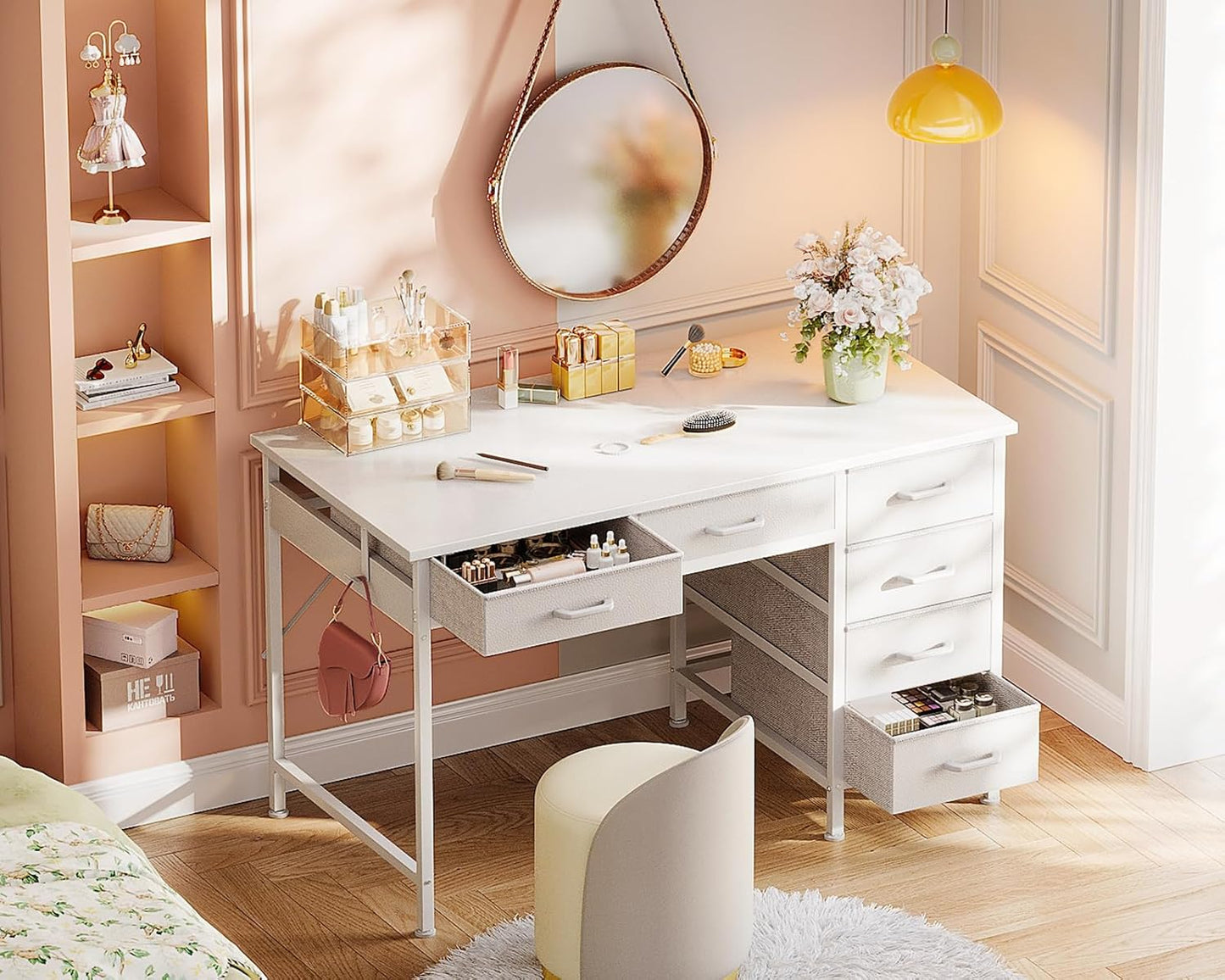 Computer Desk with 6 Drawers, 40 Inch Small Desk with Storage, Reversible Desk with Headphone Hook for Home Office, Work Study Table for Bedroom, White