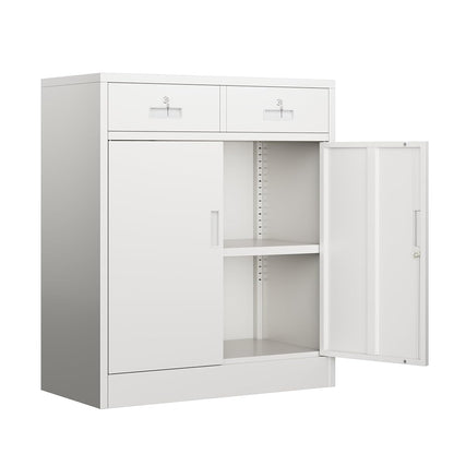 Metal Garage Storage Cabinet with Two Lockable Drawers 2 Locking Doors and an Adjustable Shelf, 36" White Metal Short Storage Cabinet for Home Office, Garage,School,Utility Room