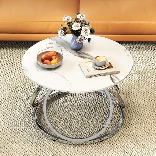 Silver Coffee Table, Round Coffee Table Faux Marble Veins, Modern Center Table with Chrome Finish, for Living Room, Home Office, 1 PC