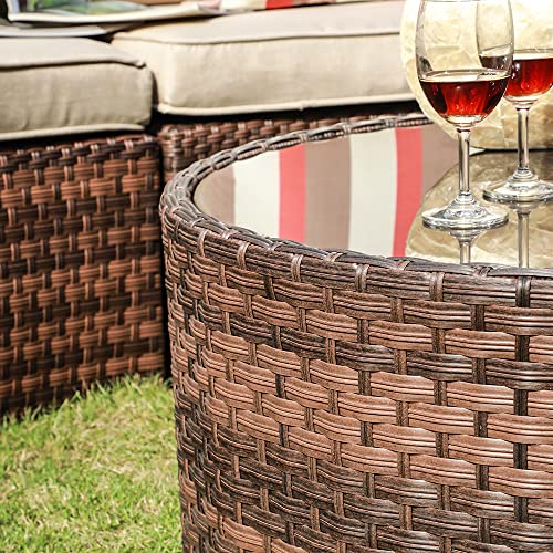 Round Outdoor Coffee Table with Tempered Glass Top, 28in Rattan PE Resin Wicker Patio Side Table, Brown